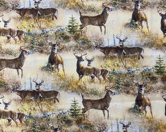 Wild Deer Cotton Calico Fabric, Rustic Animal Print, Quilting, Home Accents, Fabric by the yard