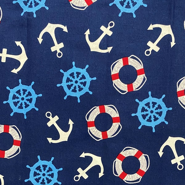 Nautical Fabric, Ships & Boats Fabric, 100% Cotton, Apparel Fabric, Fabric by the yard, Quilting Fabric, Navy Blue-White Colored