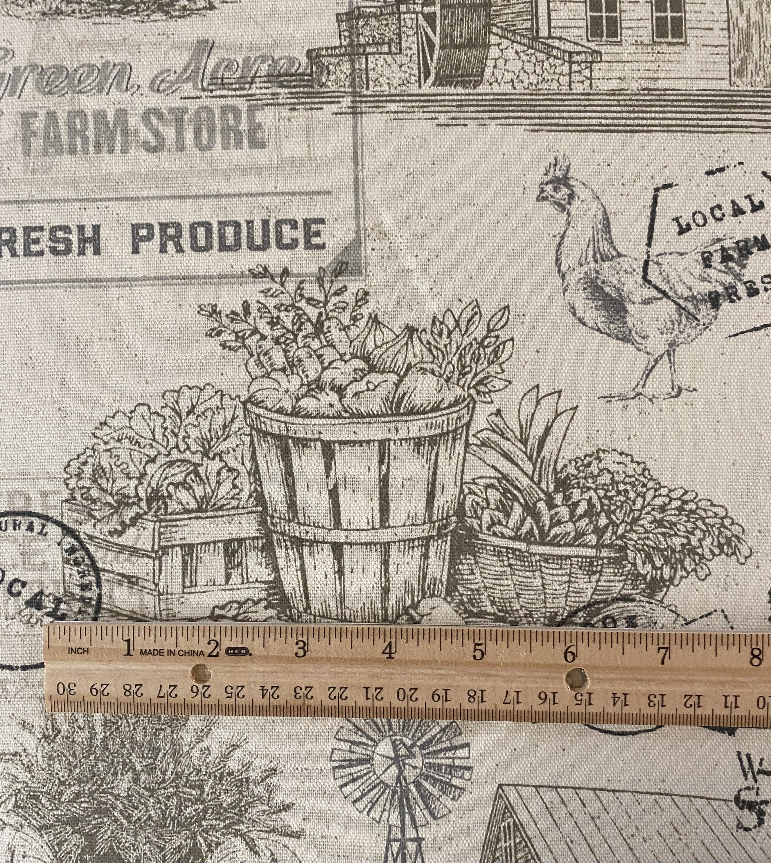 Farm Fresh Duck Cloth Fabric, Barnyard Illustration, 100% Cotton 