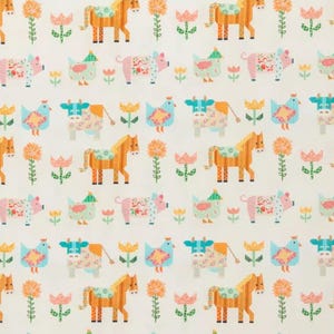 May include: A repeating pattern of farm animals and flowers on a cream background. The design features horses, cows, chickens, and pigs, each with colorful patchwork patterns. Orange and pink flowers and green foliage complete the whimsical design.