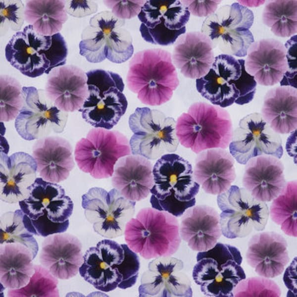 Pansy Blooms Fabric, Floral Fabric, 100% Cotton, Apparel Fabric, Fabric by the yard, Home accents fabric, Pink & Purple