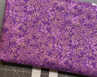 Purple Metallic Gold Leaf Print Cotton Fabric, Botanical Garden, Quilting, Home Accents