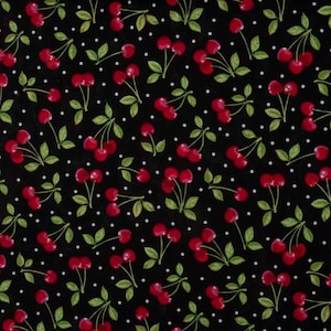 May include: Black fabric with a repeating pattern of red cherries, green leaves, and white polka dots. The cherries are clustered in pairs and singles, creating a vibrant and playful design. This fabric is suitable for various craft projects.