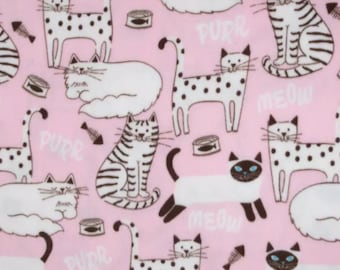 Pink & White Cats Fleece Fabric, Animal Print, 100% Polyester, Tie-Blankets Fabric, Fabric by the yard, Home Accents Fabric