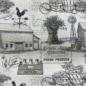 Farm Fresh Fabric, Barn Fabric, 100% Cotton, Duck Cloth, Home decor fabric, Fabric by the yard, Accessories Fabric, Illustration & Text