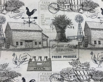 Farm Fresh Fabric, Barn Fabric, 100% Cotton, Duck Cloth, Home decor fabric, Fabric by the yard, Accessories Fabric, Illustration & Text