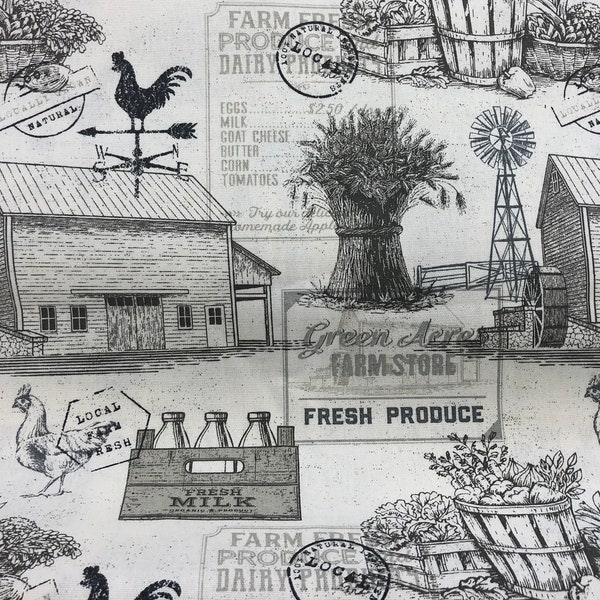 Farm Fresh Fabric, Barn Fabric, 100% Cotton, Duck Cloth, Home decor fabric, Fabric by the yard, Accessories Fabric, Illustration & Text