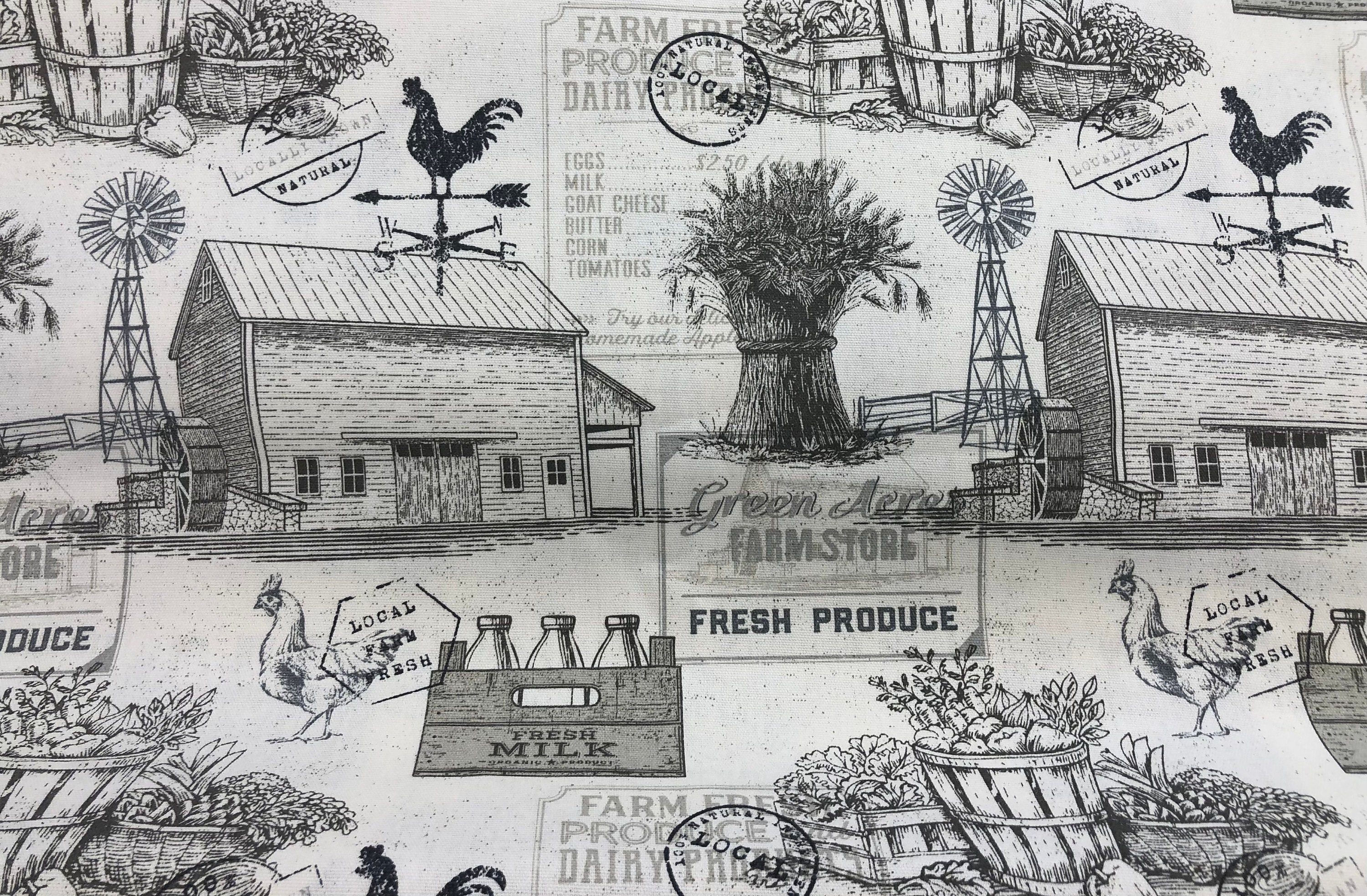 Farm Fresh Fabric, Barn Fabric, 100% Cotton, Duck Cloth, Home decor fabric, Fabric by the yard, Accessories Fabric, Illustration & Text
