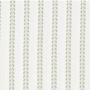 May include: White fabric with a subtle green stripe pattern. The stripes are made up of small, repeating leaf shapes.
