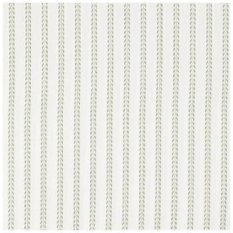May include: White fabric with a repeating pattern of thin, vertical, green lines.