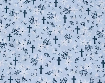 Tela de algodón calico con estampado floral azul en cruz, estampado de flores, decoración del hogar, acolchado, tela cortada a medida