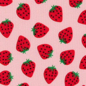 Strawberry Ribbed Knit Fabric, Fruit Fabric, Polyester & Spandex, Apparel Fabric, Fabric by the yard, Accessories Fabric, Pink-Red Colored