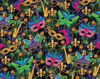 Cotton Fabric - Novelty Fabric - Mardi Gras Masks Festive New
