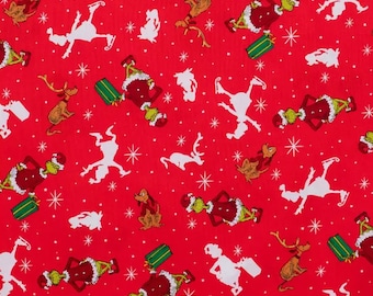 Red Grinch Cotton Fabric, Christmas, Stockings, Tree Skirts, Fabric by the yard, Seasonal