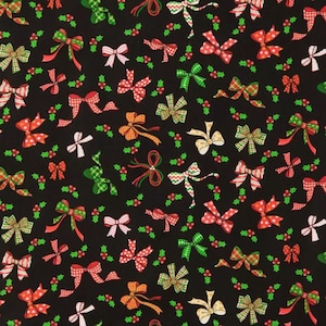 May include: A black background is covered with a repeating pattern of colorful bows and holly sprigs. The bows are in various colors, including red, green, white, and orange, and feature different patterns. The holly sprigs have green leaves and red berries.