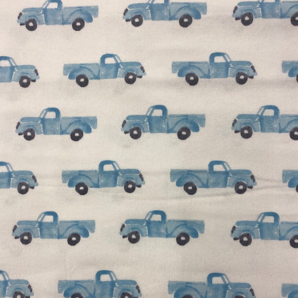Blue Trucks Cotton Flannel Fabric, Watercolor Style, Baby Blankets, Nursery Accents, Fabric by the yard