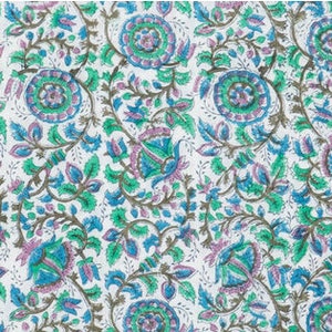 Kalamkari Print Fabric, Floral Garden, 100% Cotton, Apparel Fabric, Fabric by the yard, Quilting Fabric, White, Blue, Green & Pink Colored