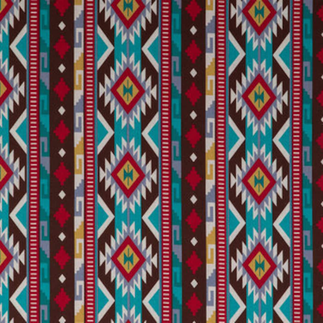 Turquoise Red Brown Tribal Geometric Cotton Fabric, Apparel Fabric