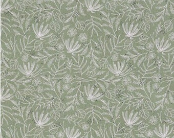 Green Floral Cotton Calico Fabric, Botanical Print, Quilting, Home Accents, Fabric by the yard