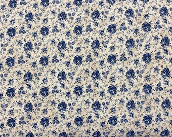 Vintage Style Floral Cotton Fabric, Tan and Navy Blue, Apparel and Quilting