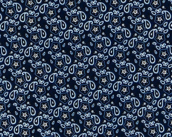 Navy & White Bandana Paisley Cotton Calico Fabric, Quilting, Home Accents, Fabric by the yard