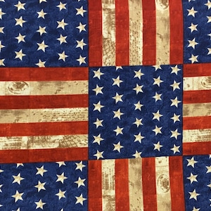 May include: A fabric with a repeating pattern of American flags. The flags are in a distressed style with faded colors and a vintage look. The fabric is perfect for quilting, crafts, and home decor.