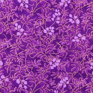 May include: A close-up of a fabric with a repeating floral pattern. The design features purple leaves and small clusters of lavender-colored flowers, all set against a deep purple background. Gold-colored, thin lines outline the leaves and stems.