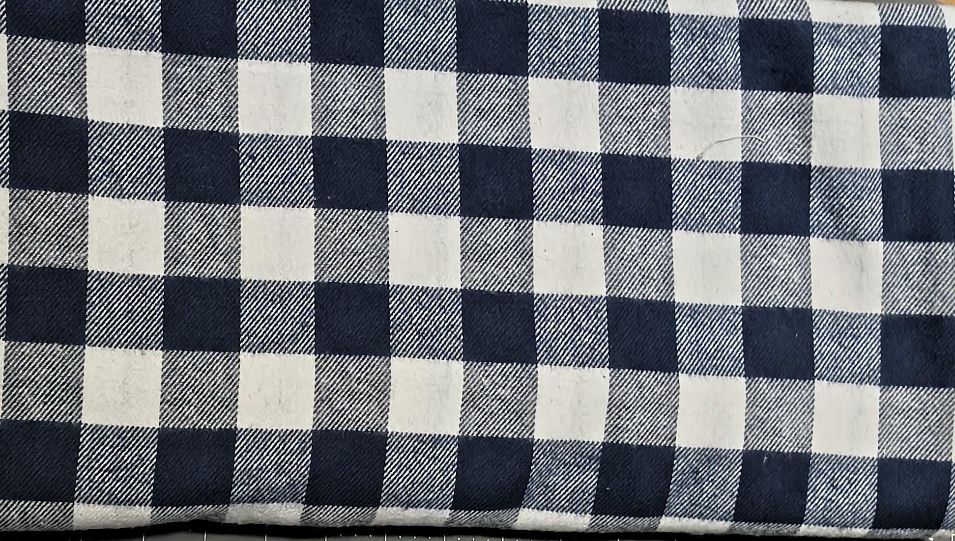Navy and White Buffalo Check Flannel Fabric, 100% Cotton 