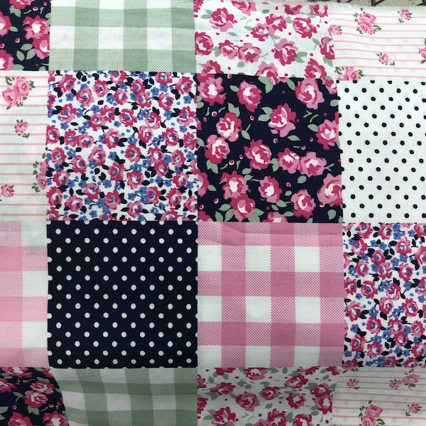 Preppy Patch Fabric, Pattern Fabric, 100% Cotton, Quilting Fabric, Fabric by a yard, Apparel Fabric, Pink, Navy, Light Green, & White Colors