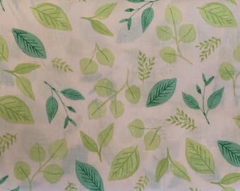 Pink & Green Leaf Cotton Fabric, Plant Print, Apparel, Fabric by the yard, Quilting