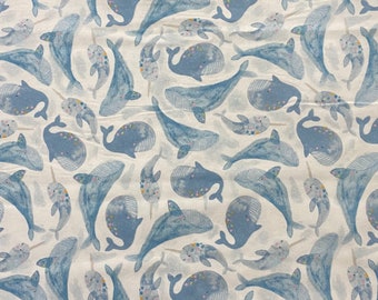 Blue Whales & Narwhals Flannel Fabric, Ocean Fabric, 100% Cotton, Baby Blankets Fabric, Fabric by the yard, Nursery Decor Fabric