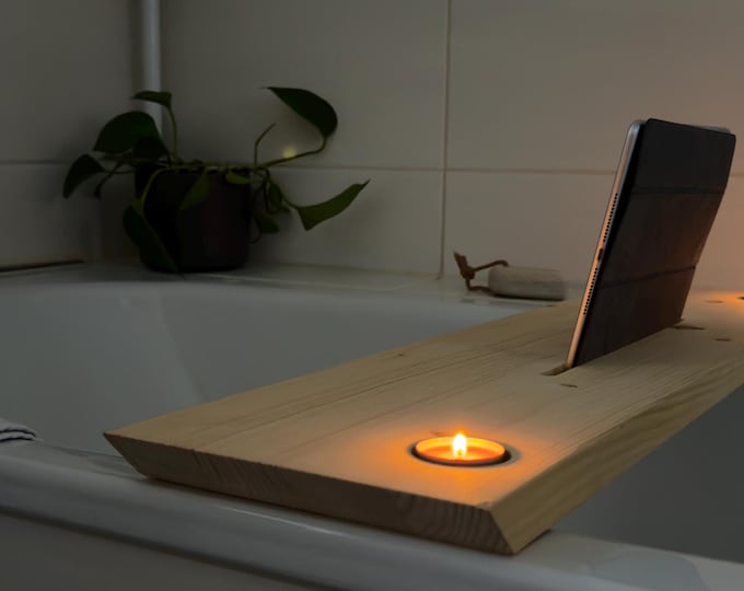 Wooden bathtub shelf, bathtub board with tablet holder / mobile phone holder, bathtub tray with tablet / phone holder