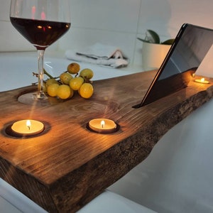 Wooden bathtub shelf, bathtub board with tablet holder / mobile phone holder, bathtub tray with tablet / phone holder