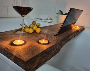Wooden bathtub shelf, bathtub board with tablet holder / mobile phone holder, bathtub tray with tablet / phone holder