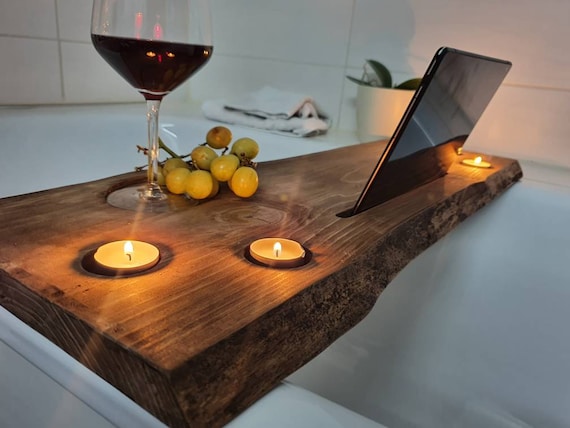 Wooden bathtub shelf, bathtub board with tablet holder / mobile phone holder, bathtub tray with tablet / phone holder