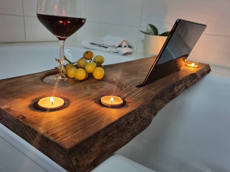 Bathtub shelf wood , bathtub board with tablet holder / mobile phone holder , Bathtub Tray with Tablet / Phone holder 