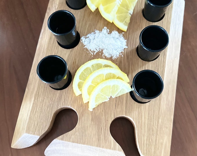 Handmade oak shot board – Rustic wooden shot board with 6 glasses | Solid wood party shot board |