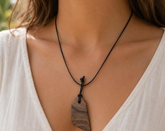 Handmade Wooden Pendant Necklace, Rustic Wood Jewelry, Minimalist Nature Necklace, Adjustable Cord Pendant, Artisan Boho Gift