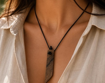 Handmade Wooden Pendant Necklace, Rustic Wood Jewelry, Minimalist Nature Necklace, Adjustable Cord Pendant, Artisan Boho Gift