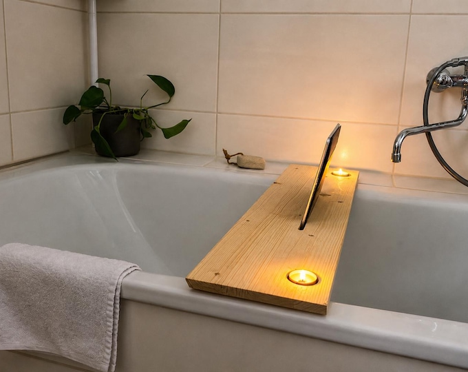 Wooden bathtub shelf, bathtub board with tablet holder / mobile phone holder, bathtub tray with tablet / phone holder