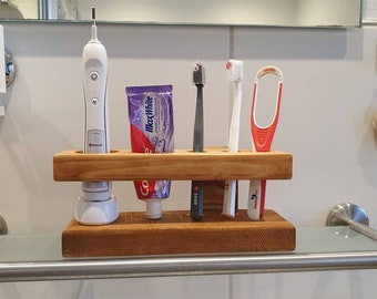 Wooden toothbrush holder and toothpaste holder