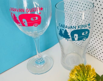 Caravan Gifts, Caravan King  Glass, Caravan Queen Glass, Wine Glass, Pint Glass, Caravan Glass, Camping Glass, Beer Glass, Caravan Lovers,