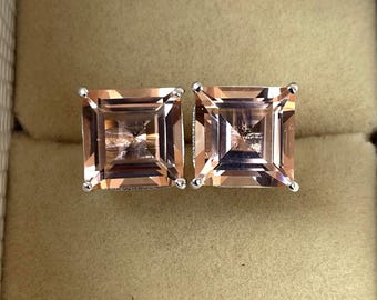 Minimalist Morganite Studs, Square Peach Morganite Studs, Engagement Earrings, Studs Earrings, 14k Gold Studs, Wedding Gift For Women