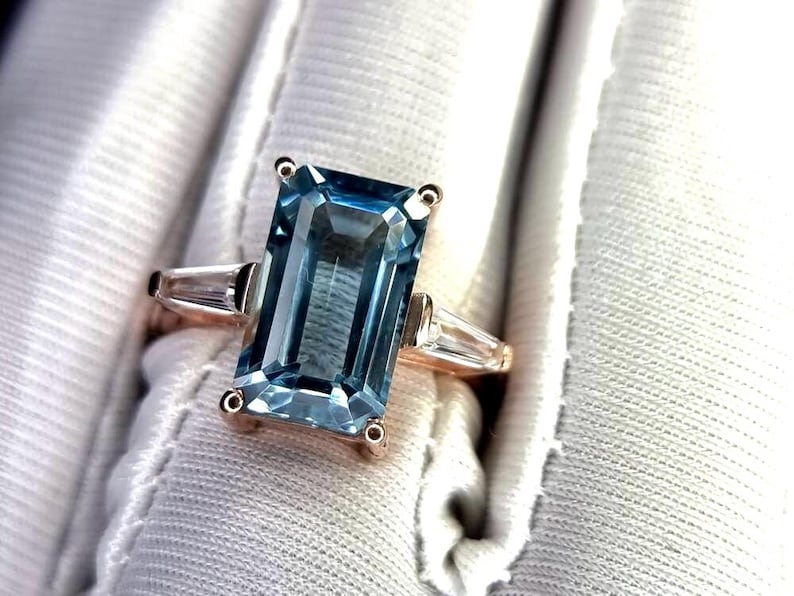 Aquamarine Ring, Elongated Emerald Cut Ring, 925 Sterling Silver, Engagement Ring, Vintage Ring, Unique Ring, Promise Ring, Statement Ring image 8