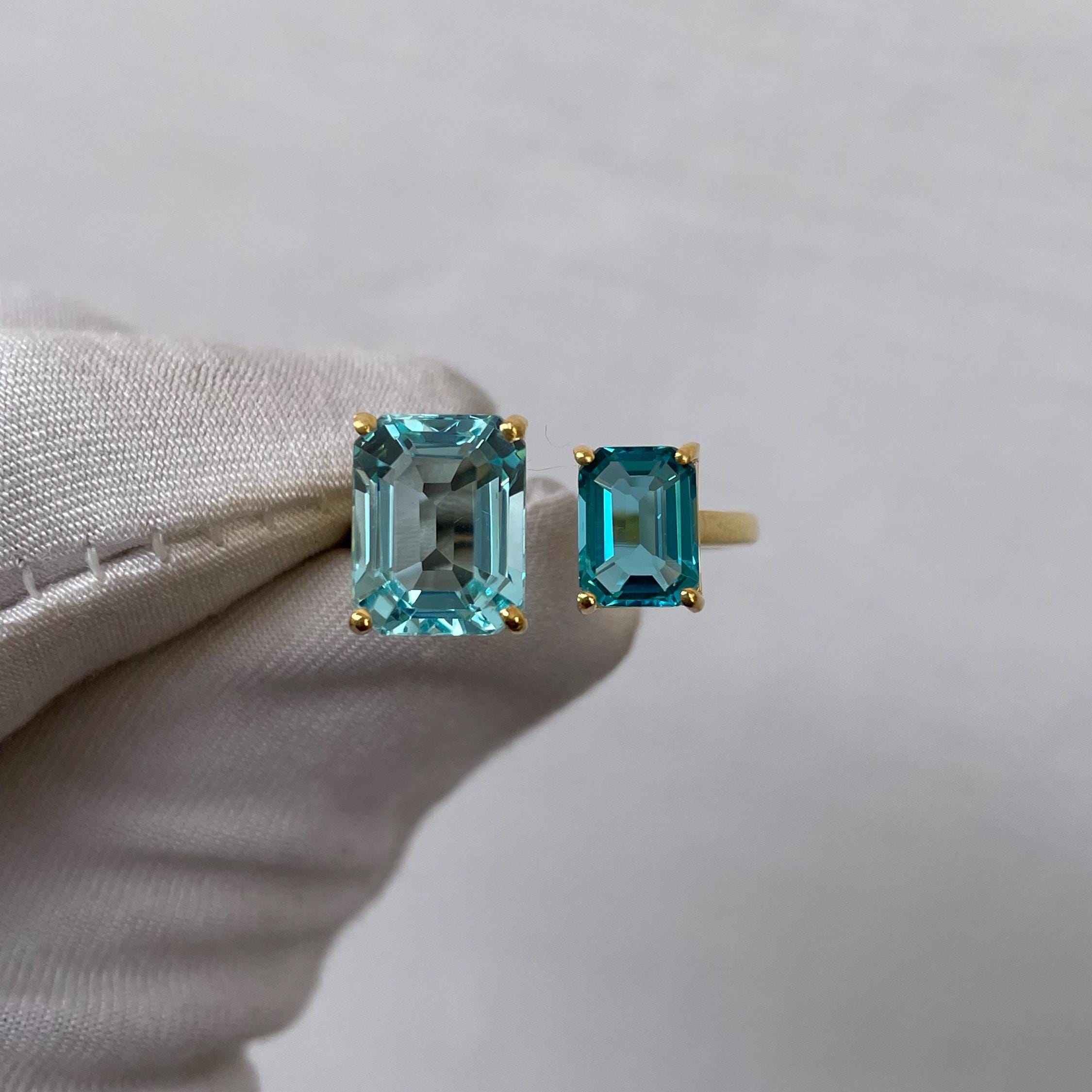 Blue Topaz and Aquamarine Two Stone Ring, Emerald Cut Engagement Ring, 14k Gold Ring, Wedding Ring, Bridal Ring