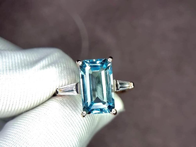 Aquamarine Ring, Elongated Emerald Cut Ring, 925 Sterling Silver, Engagement Ring, Vintage Ring, Unique Ring, Promise Ring, Statement Ring image 4