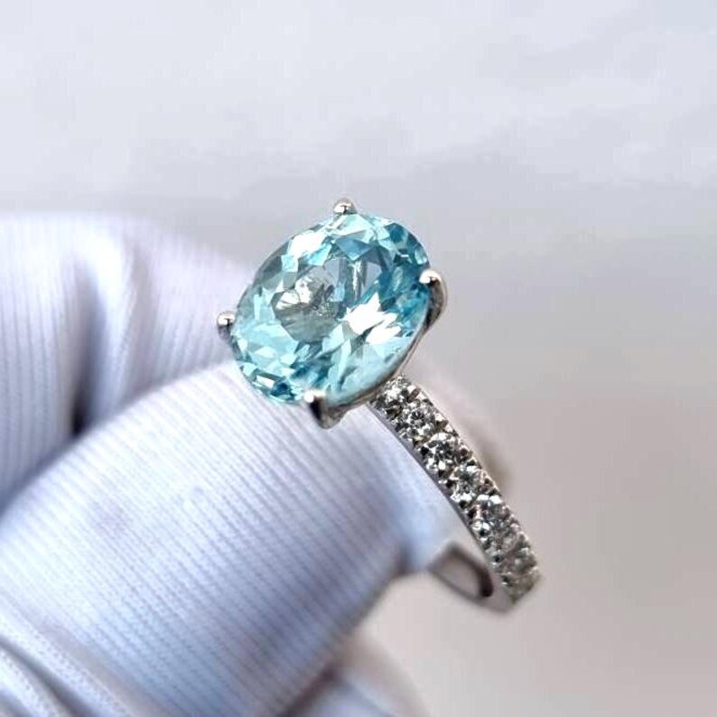 Aquamarine Ring, Oval Cut Aquamarine Ring, Pavé Ring, 925 Sterling Silver, Engagement Ring, Promise Ring, Wedding Ring, Gift for Her image 2