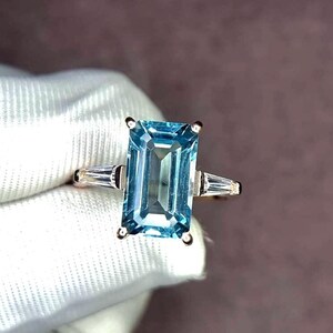 Aquamarine Ring, Elongated Emerald Cut Ring, 925 Sterling Silver, Engagement Ring, Vintage Ring, Unique Ring, Promise Ring, Statement Ring image 5