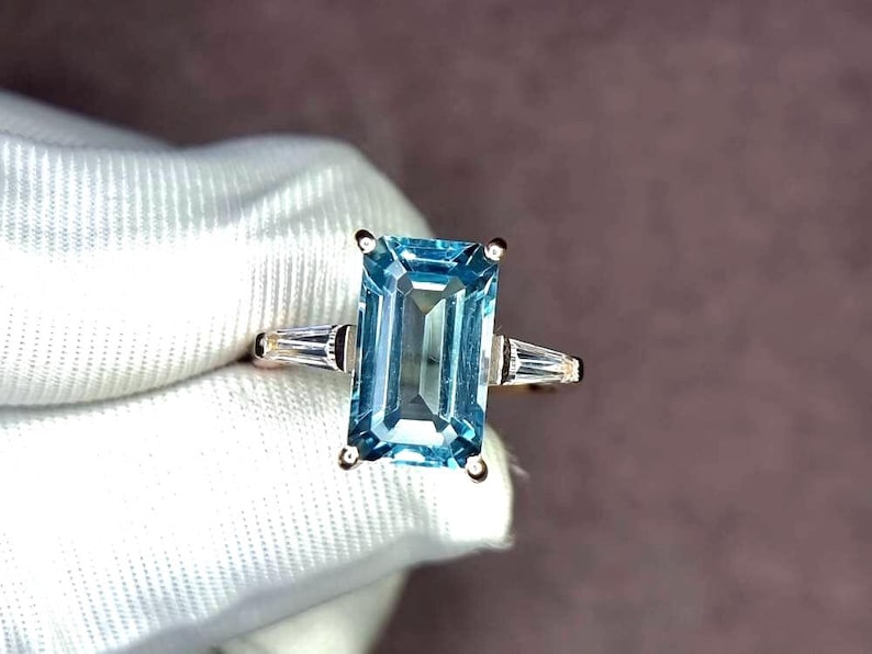 Aquamarine Ring, Elongated Emerald Cut Ring, 925 Sterling Silver, Engagement Ring, Vintage Ring, Unique Ring, Promise Ring, Statement Ring image 5