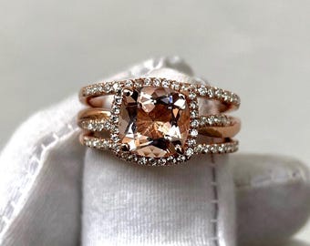 Morganite Vintage Ring, Matching Band, Cushion Cut Morganite Ring, 925 Sterling Silver, Engagement Ring  Wedding Band, Statement Ring